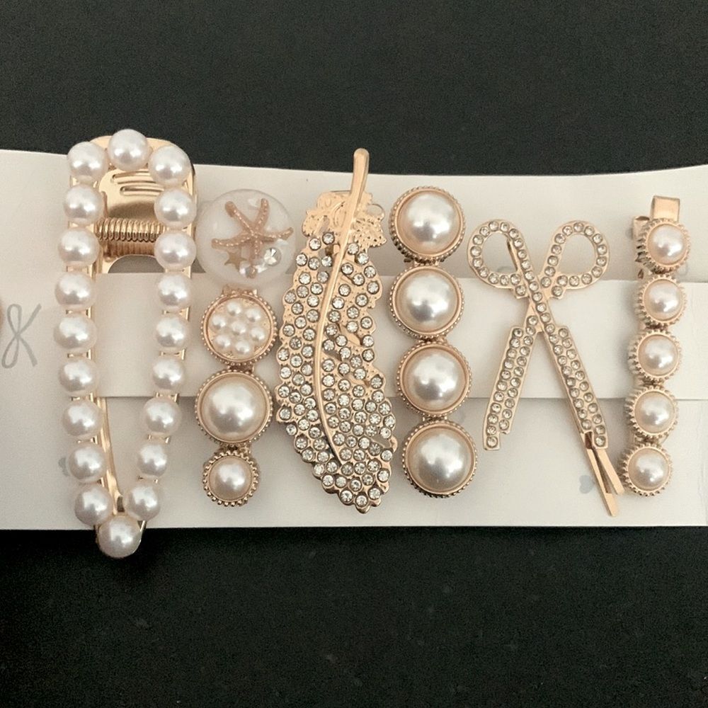 Set of 6 Pearl and Rhinestone Hair Clips Starfish Scissors Feather